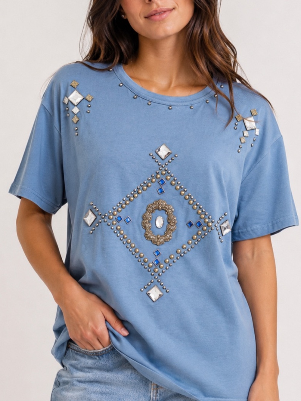 Vintage Embellished Tee by EAP – Blue Unisex T-Shirt with Statement Beading